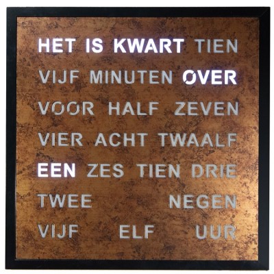 Nederlandse woordklok 40 x 40 cm, brons